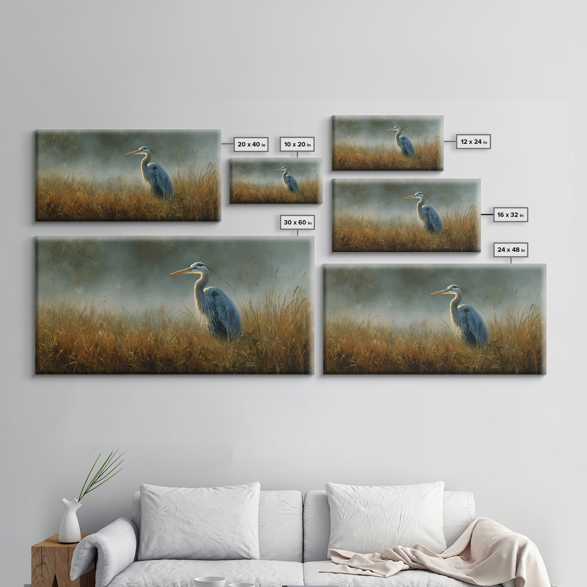 Blue Heron Standing Framed Canvas Print, Animal Art, Art Deco, Living Room Decor, Creature, Cat Art, Safari Nursery Decor, ANI-2x1-55