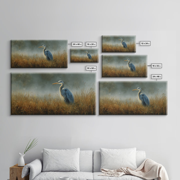 Blue Heron Standing Framed Canvas Print, Animal Art, Art Deco, Living Room Decor, Creature, Cat Art, Safari Nursery Decor, ANI-2x1-55