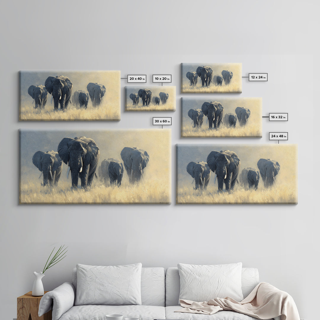 Elephant Family Walking Through Dusty Golden Light Canvas Print, Animal Art, Wall Art, Living Room Decor, Fine Art, Creature, ANI-2x1-58