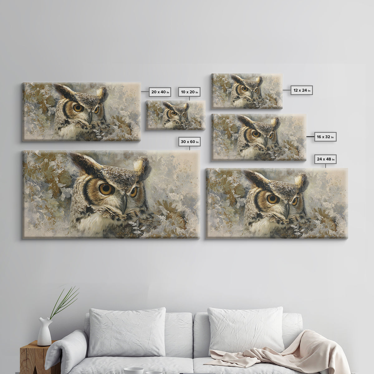 Owl with Moonlit Feathers and Celestial Accents Framed Canvas Print, Animal Art, Nursery, Living Room Decor, Watercolor Art, ANI-2x1-59