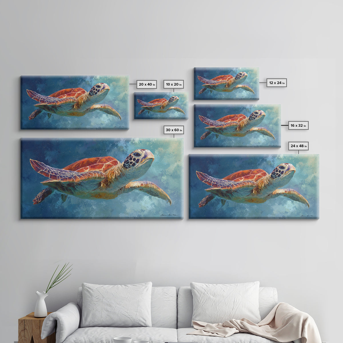 Sea Turtle Drifting Through Luminous Blue Water Canvas Print, Animal Art, Room Decor, Living Room Decor, Oil Painting, Creature, ANI-2x1-62