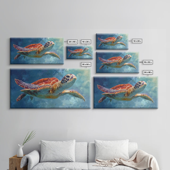 Sea Turtle Drifting Through Luminous Blue Water Canvas Print, Animal Art, Room Decor, Living Room Decor, Oil Painting, Creature, ANI-2x1-62
