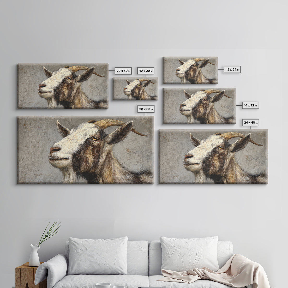 Goat Portrait with Rustic Folk Art Personality Framed Canvas Print, Animal Art, Digital Prints, Living Room Decor, Creature, ANI-2x1-65