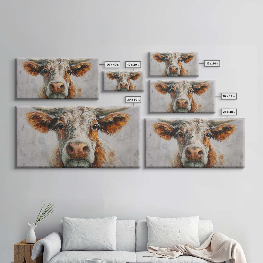 Gentle Cow Portrait Framed Canvas Print, Animal Art, Boho Decor, Living Room Decor, Oil Painting, Creature, Digital Prints, ANI-2x1-75