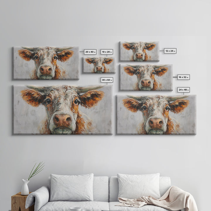 Gentle Cow Portrait Framed Canvas Print, Animal Art, Boho Decor, Living Room Decor, Oil Painting, Creature, Digital Prints, ANI-2x1-75