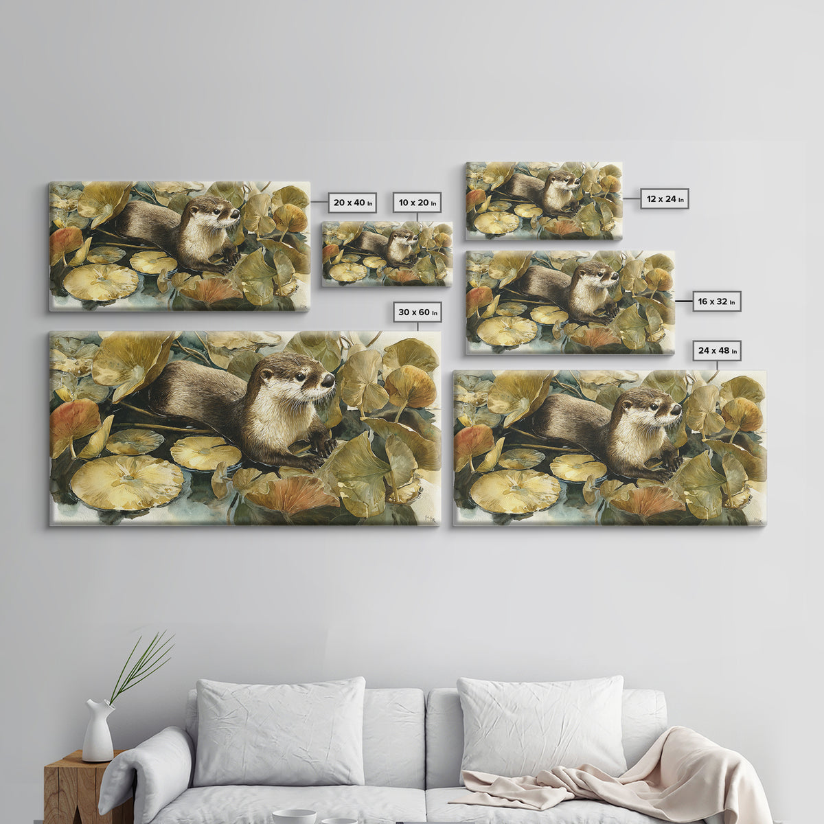 Playful Otter Floating Among Lily Pads Canvas Print, Animal Art, Nursery Wall Art, Living Room Decor, Fine Art, Creature, ANI-2x1-76
