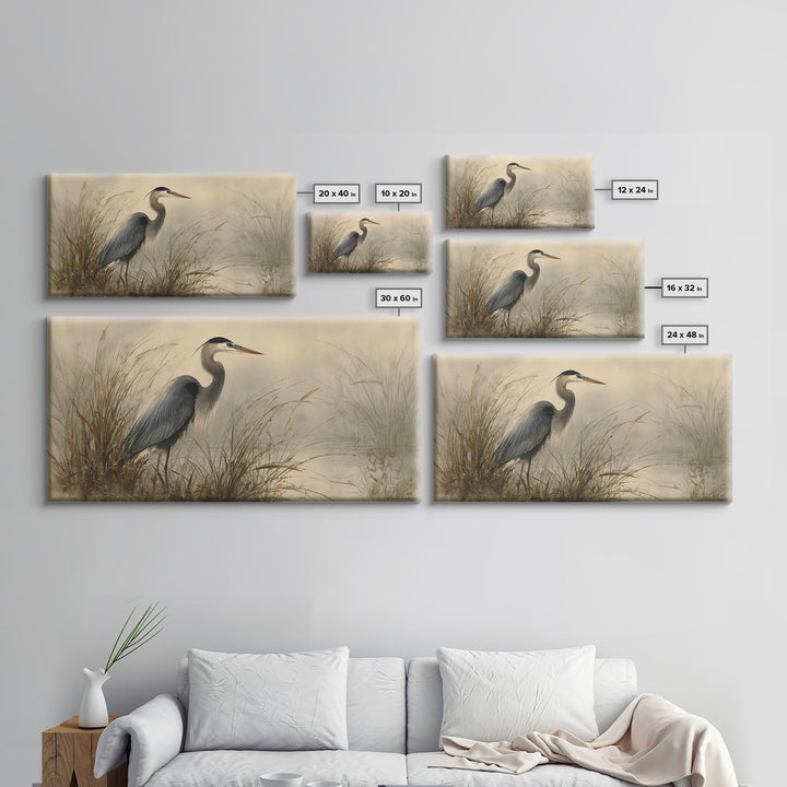 Blue Heron Standing Framed Canvas Print, Animal Art, Nursery Art, Living Room Decor, Fine Art, Creature, Luxury Decor, ANI-2x1-79