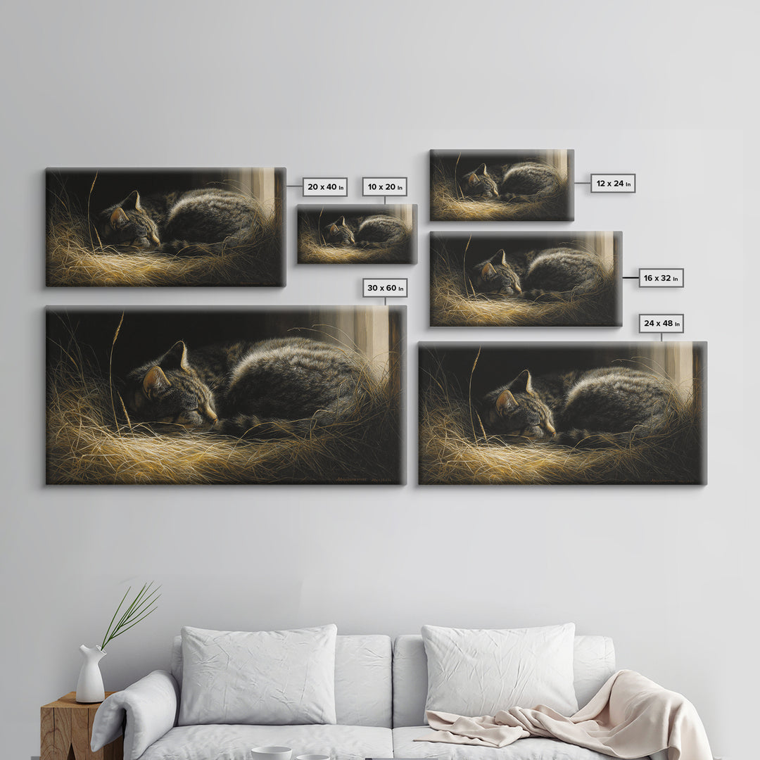 Sleeping Cat Curled Framed Canvas Print, Animal Art, Digital Print, Living Room Decor, Fine Art, Creature, Colorful Wall Art, ANI-2x1-80