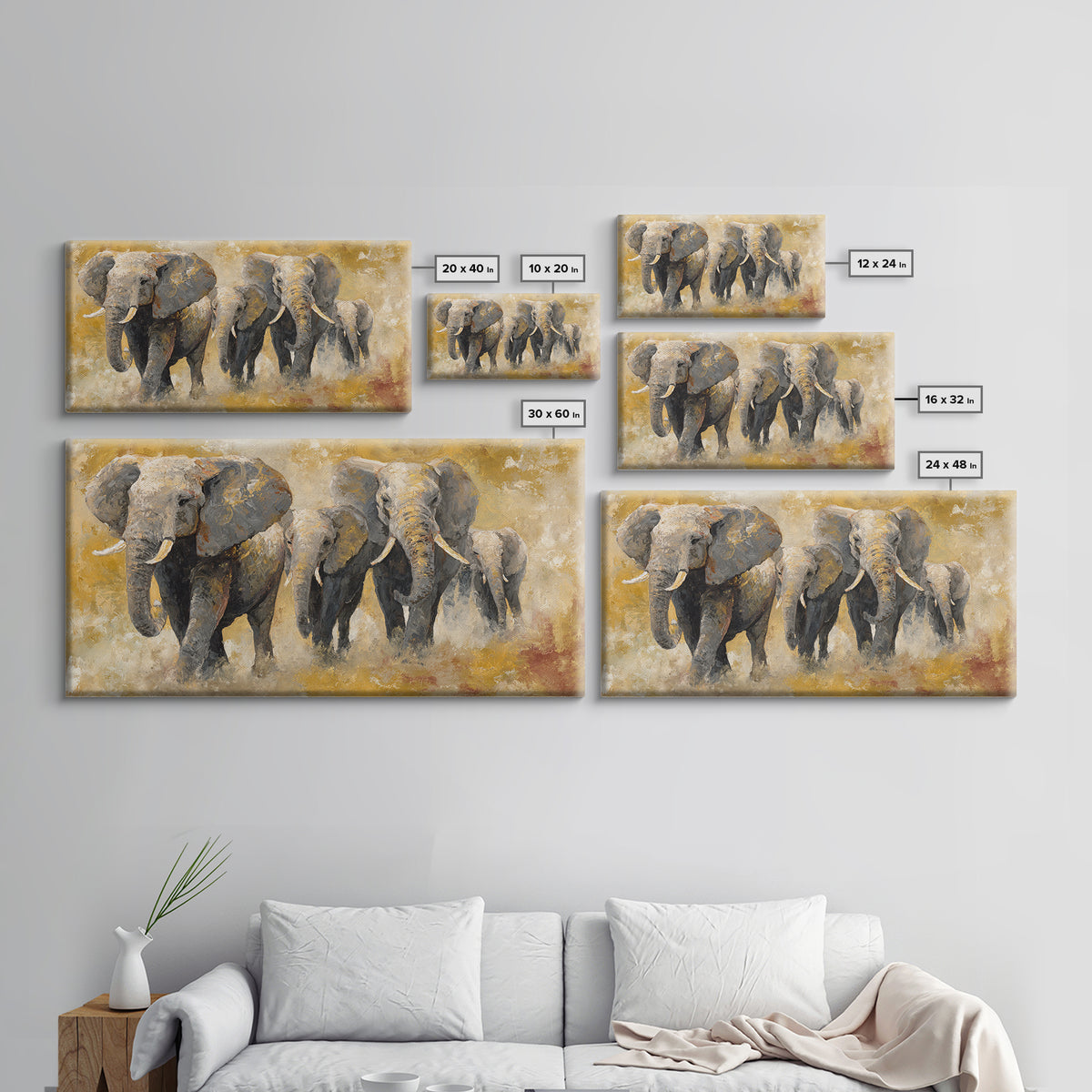 Elephant Family Walking Through Dusty Golden Light Canvas Print, Animal Art, Wall Art, Living Room Decor, Fine Art, Creature, ANI-2x1-82
