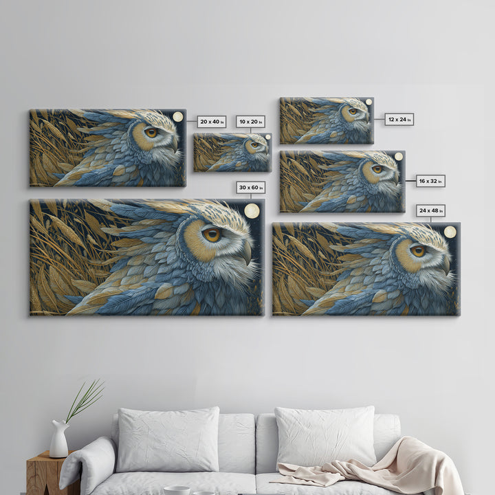 Owl with Moonlit Feathers and Celestial Accents Framed Canvas Print, Animal Art, Contemporary Art, Living Room Decor, Creature, ANI-2x1-83