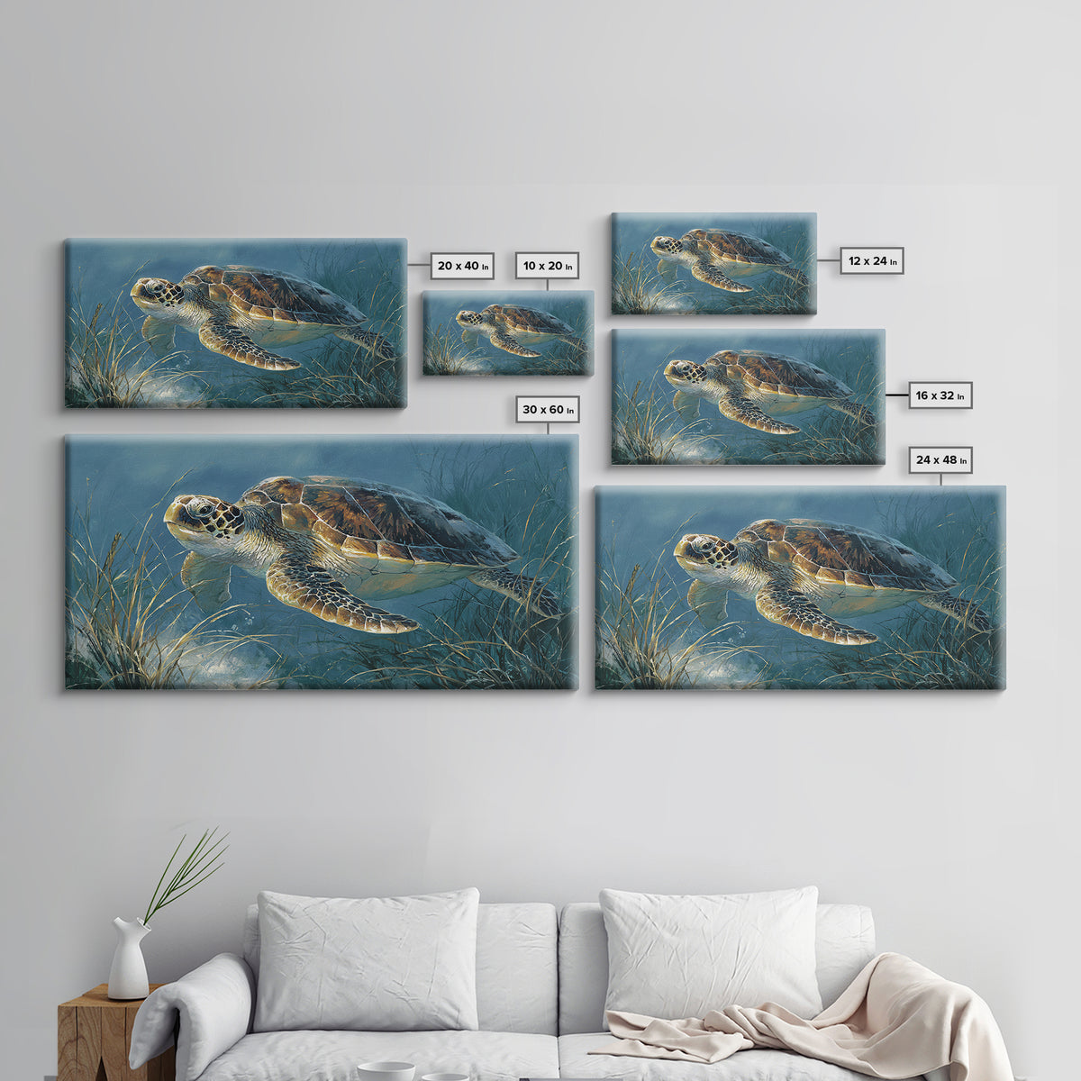 Sea Turtle Drifting Through Luminous Blue Water Framed Canvas Print, Animal Art, Home Decor, Living Room Decor, Creature, ANI-2x1-86