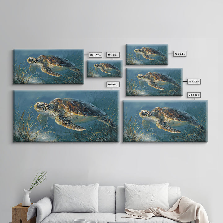 Sea Turtle Drifting Through Luminous Blue Water Framed Canvas Print, Animal Art, Home Decor, Living Room Decor, Creature, ANI-2x1-86