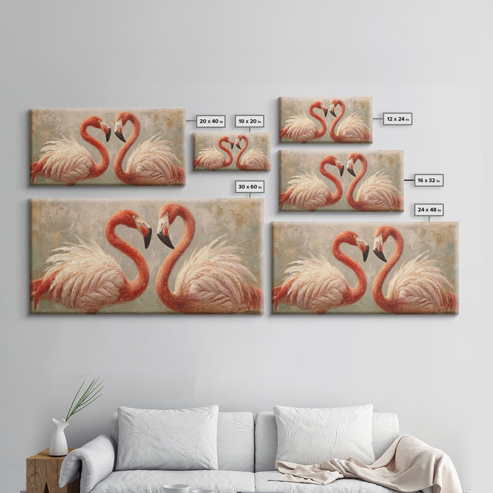 Flamingo Pair in Elegant Coral and Cream Framed Canvas Print, Animal Art, Living Room Decor, Fine Art, Creature, Fine Art Print, ANI-2x1-87