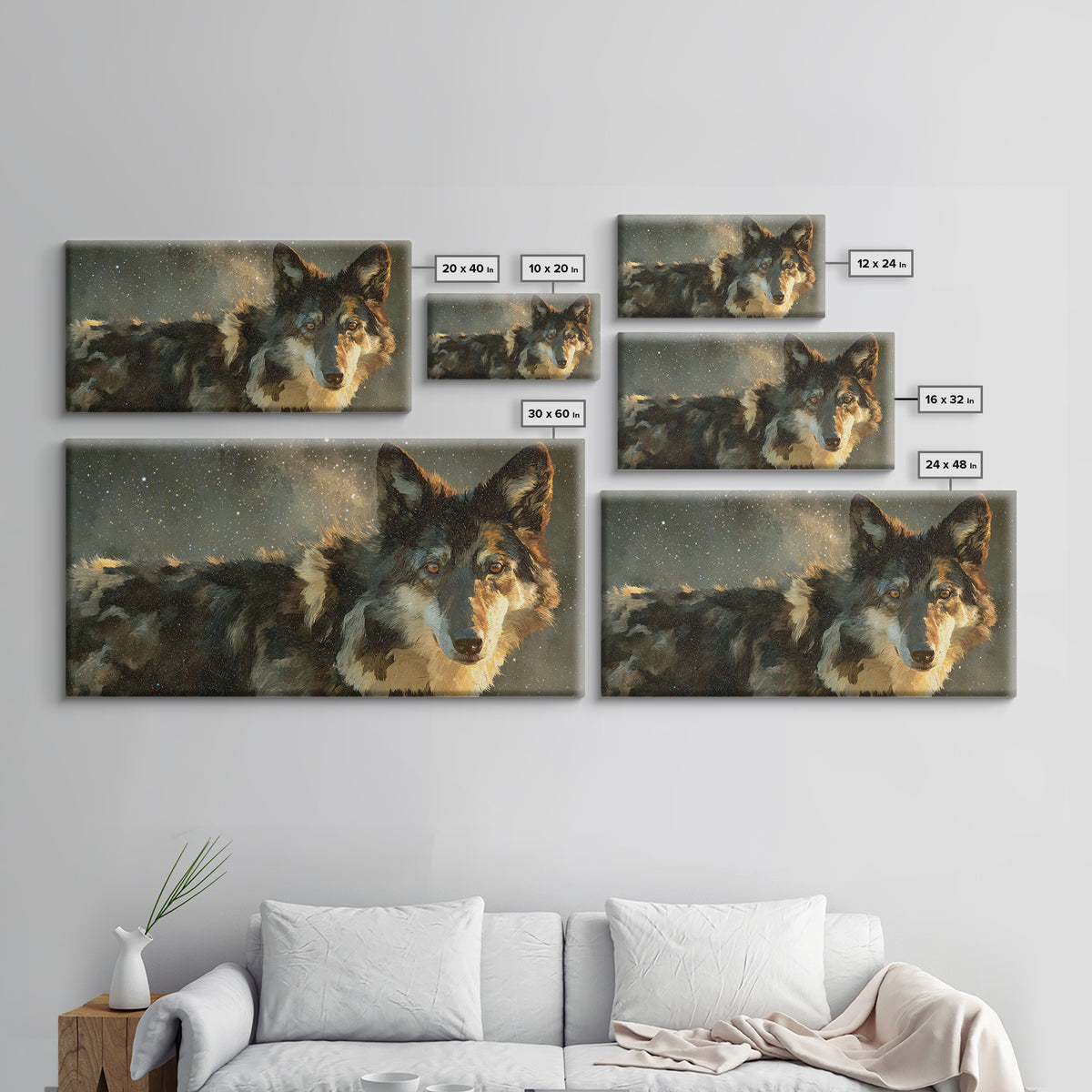 Wolf Silhouette Beneath a Star Filled Sky Framed Canvas Print, Animal Art, Art, Living Room Decor, Oil Painting, Creature, ANI-2x1-90