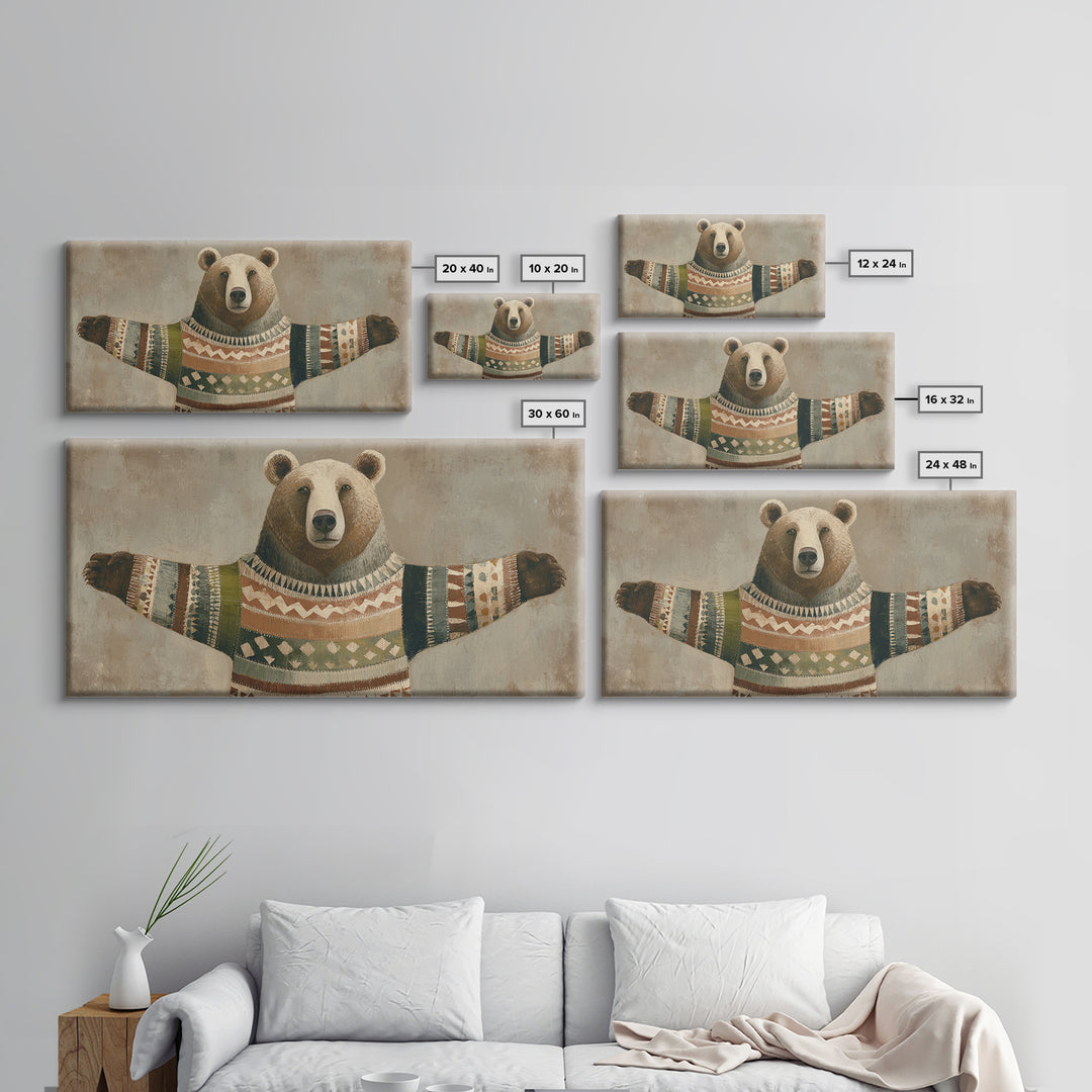 Whimsical Bear in a Patterned Sweater with Canvas Print, Animal Art, Wall Decor, Living Room Decor, Fine Art, Creature, ANI-2x1-94
