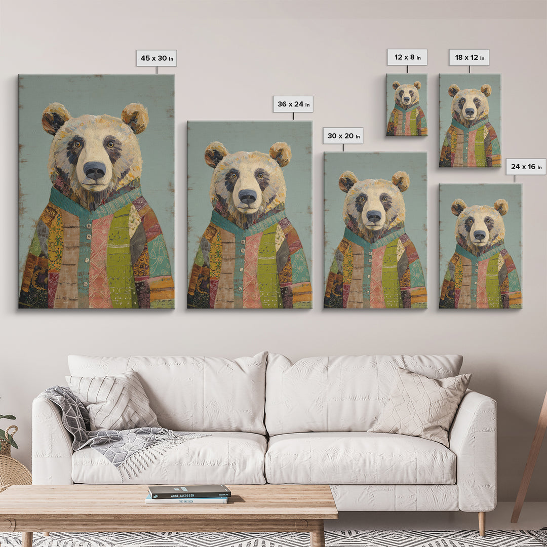 Whimsical Bear in a Patterned Sweater with Canvas Print, Animal Art, Luxury Decor, Living Room Decor, Fine Art, Creature, ANI-2x3-10
