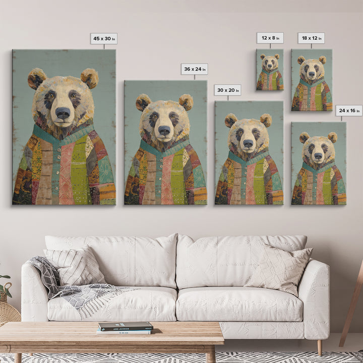 Whimsical Bear in a Patterned Sweater with Canvas Print, Animal Art, Luxury Decor, Living Room Decor, Fine Art, Creature, ANI-2x3-10