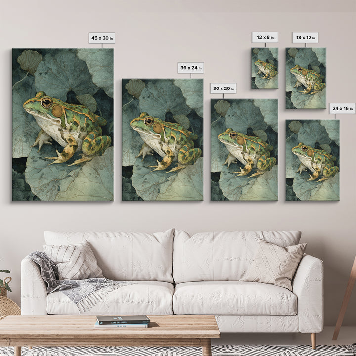 Frog on a Lotus Leaf Framed Canvas Print, Animal Art, Art Print, Living Room Decor, Watercolor Art, Creature, Digital Art, ANI-2x3-100