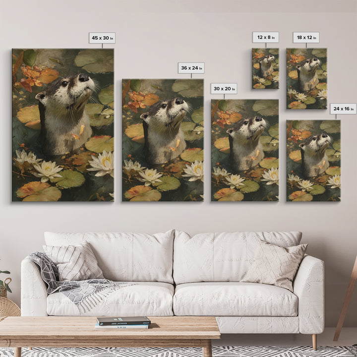 Playful Otter Floating Among Lily Pads Canvas Print, Animal Art, Boho Wall Art, Living Room Decor, Fine Art, Creature, ANI-2x3-16