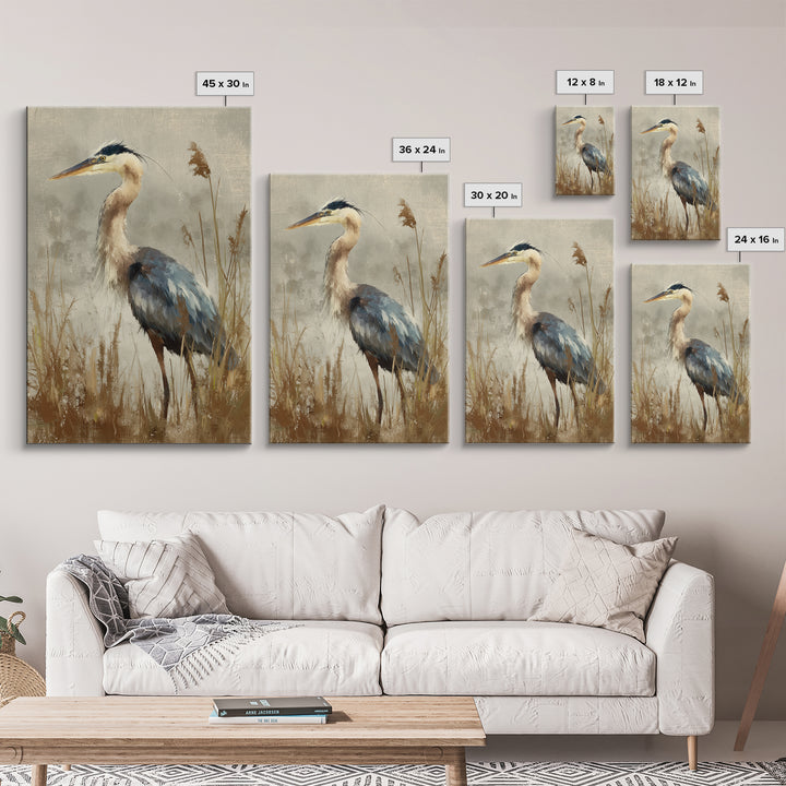 Blue Heron Standing Framed Canvas Print, Animal Art, Neutral Decor, Living Room Decor, Fine Art, Creature, Wall Art, Home Decor, ANI-2x3-19