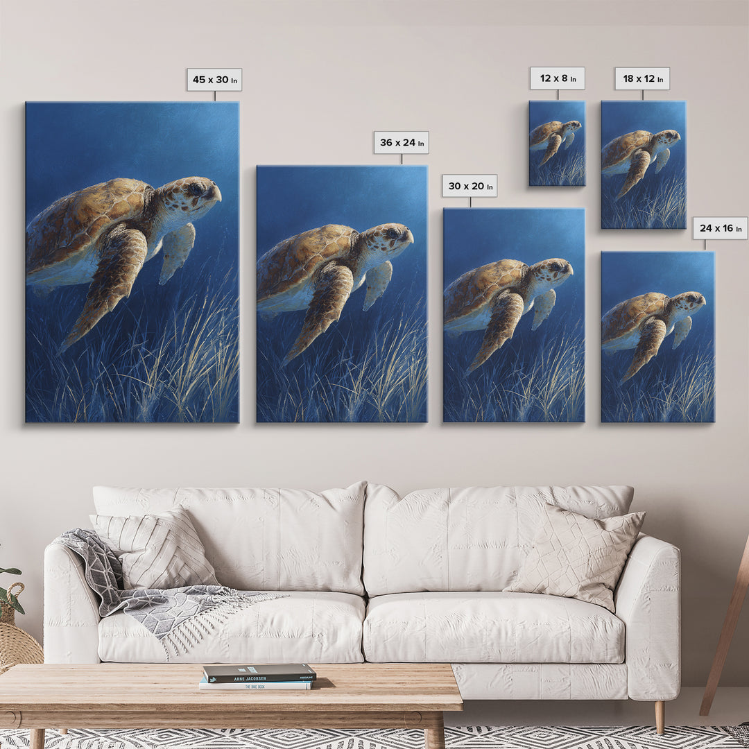Sea Turtle Drifting Through Luminous Blue Water Framed Canvas Print, Animal Art, Boho Decor, Living Room Decor, Abstract Art, ANI-2x3-2