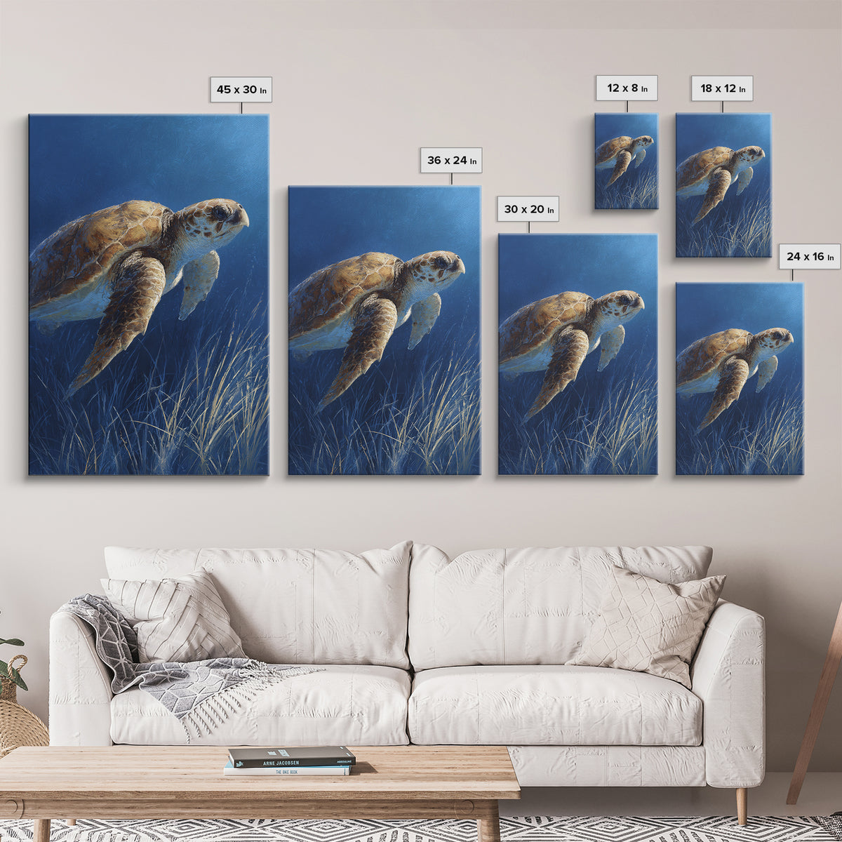 Sea Turtle Drifting Through Luminous Blue Water Framed Canvas Print, Animal Art, Boho Decor, Living Room Decor, Abstract Art, ANI-2x3-2