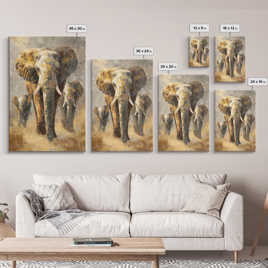 Elephant Family Walking Through Dusty Golden Light Canvas Print, Animal Art, Textured Painting, Living Room Decor, Creature, ANI-2x3-22