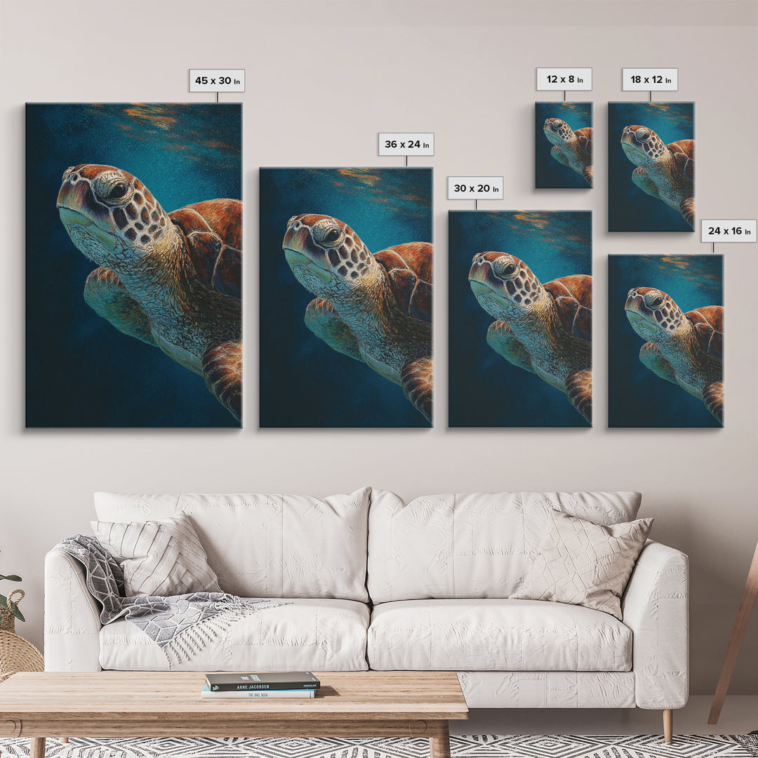 Sea Turtle Drifting Through Luminous Blue Water Framed Canvas Print, Animal Art, Boho Decor, Living Room Decor, Abstract Art, ANI-2x3-26