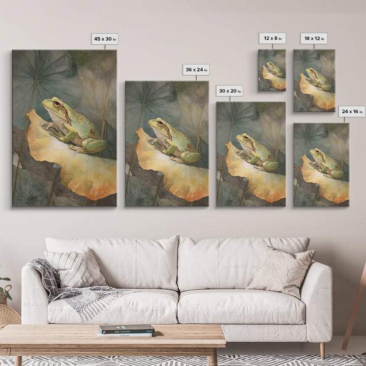 Frog on a Lotus Leaf Framed Canvas Print, Animal Art, Art Deco, Living Room Decor, Oil Painting, Creature, Cat Art, ANI-2x3-28