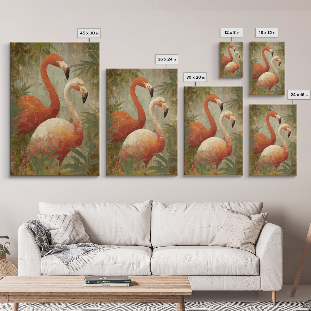 Flamingo Pair in Elegant Coral and Cream Framed Canvas Print, Animal Art, Trendy Wall Art, Living Room Decor, Creature, ANI-2x3-3