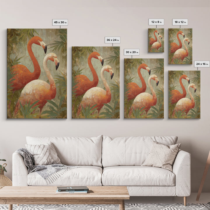 Flamingo Pair in Elegant Coral and Cream Framed Canvas Print, Animal Art, Trendy Wall Art, Living Room Decor, Creature, ANI-2x3-3