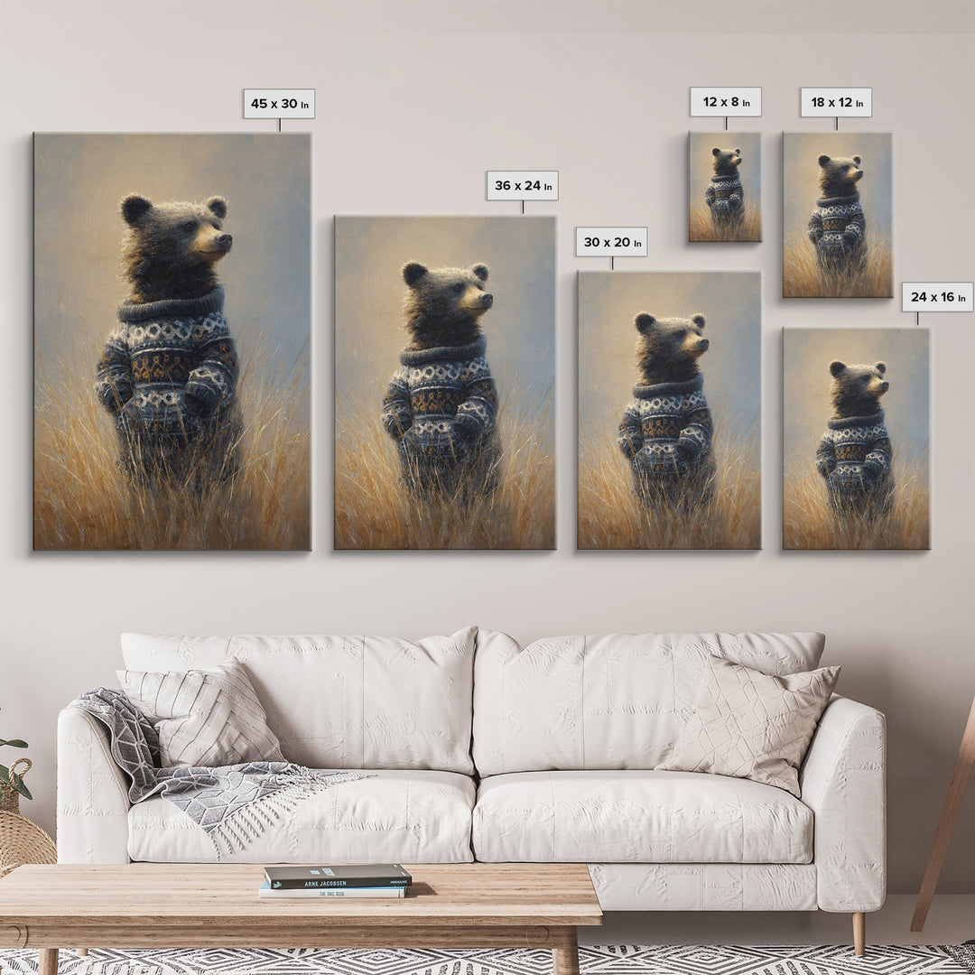 Whimsical Bear in a Patterned Sweater with Framed Canvas Print, Animal Art, Contemporary Art, Living Room Decor, Creature, ANI-2x3-34