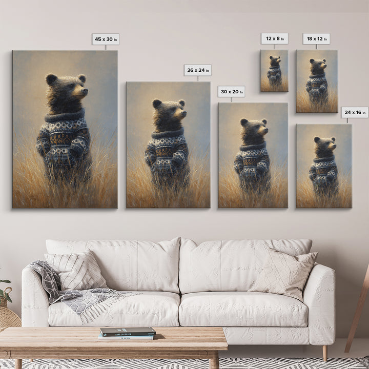 Whimsical Bear in a Patterned Sweater with Framed Canvas Print, Animal Art, Contemporary Art, Living Room Decor, Creature, ANI-2x3-34