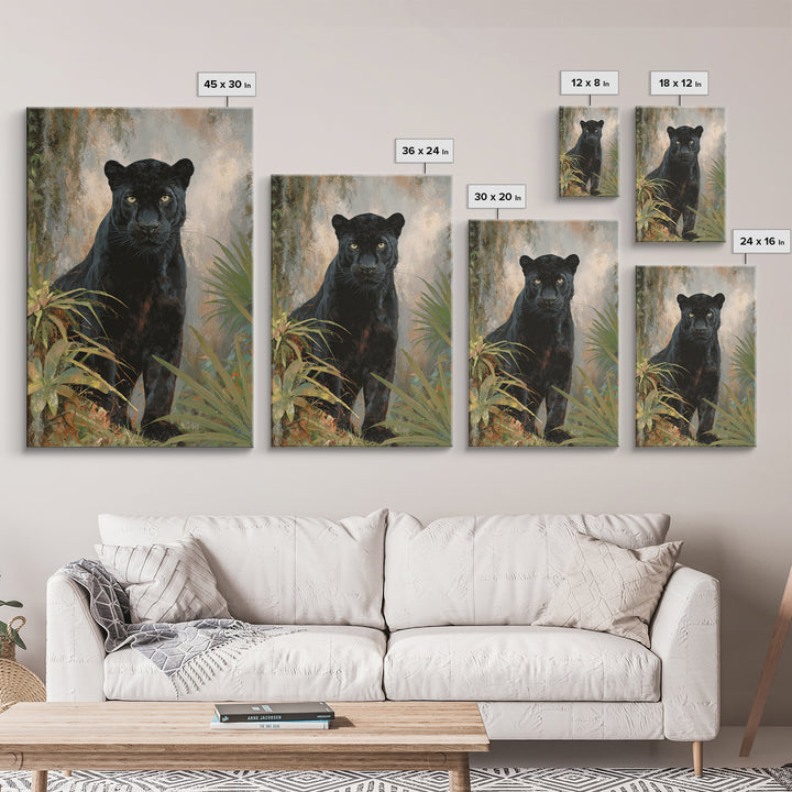 Dramatic Black Panther Emerging from Deep Jungle Framed Canvas Print, Animal Art, Wall Art, Living Room Decor, Creature, ANI-2x3-38