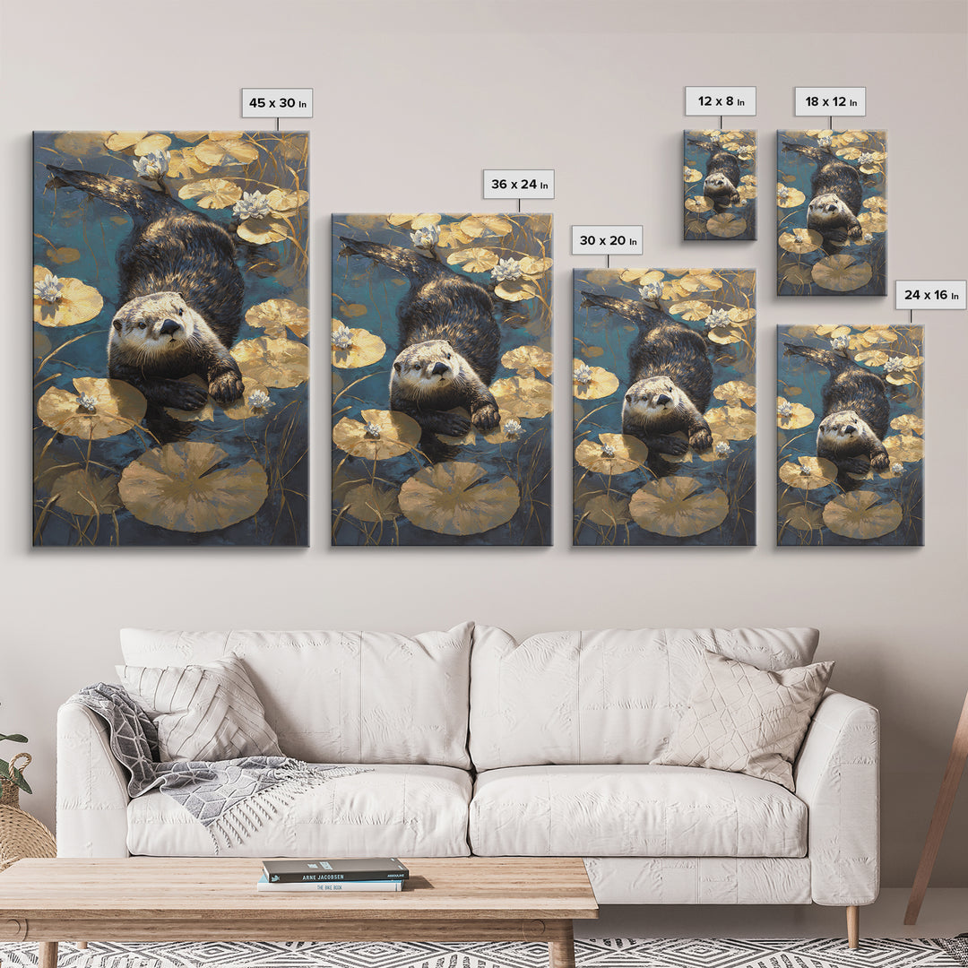 Playful Otter Floating Among Lily Pads Canvas Print, Animal Art, Fine Art Print, Living Room Decor, Fine Art, Creature, ANI-2x3-40