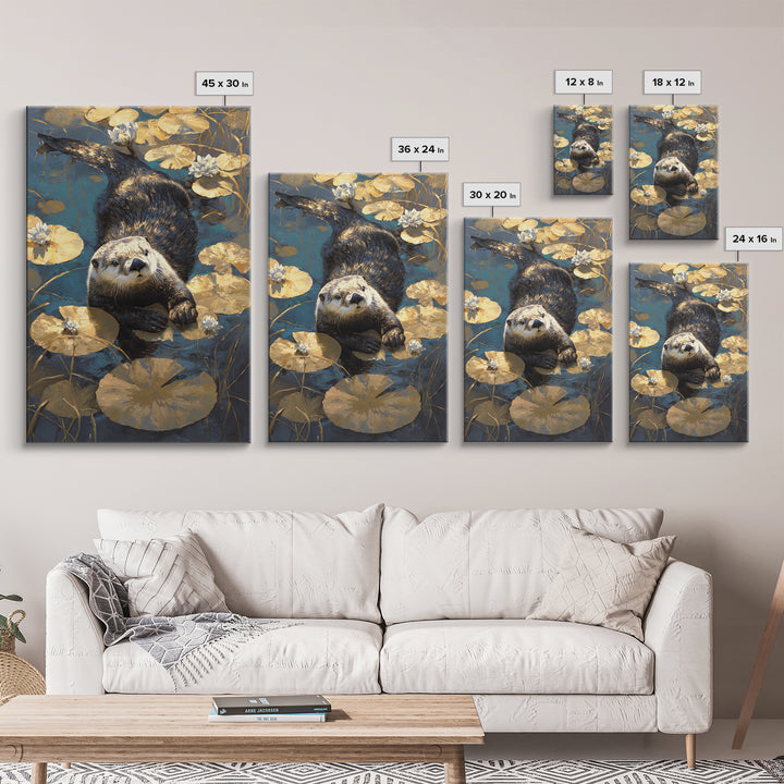 Playful Otter Floating Among Lily Pads Canvas Print, Animal Art, Fine Art Print, Living Room Decor, Fine Art, Creature, ANI-2x3-40