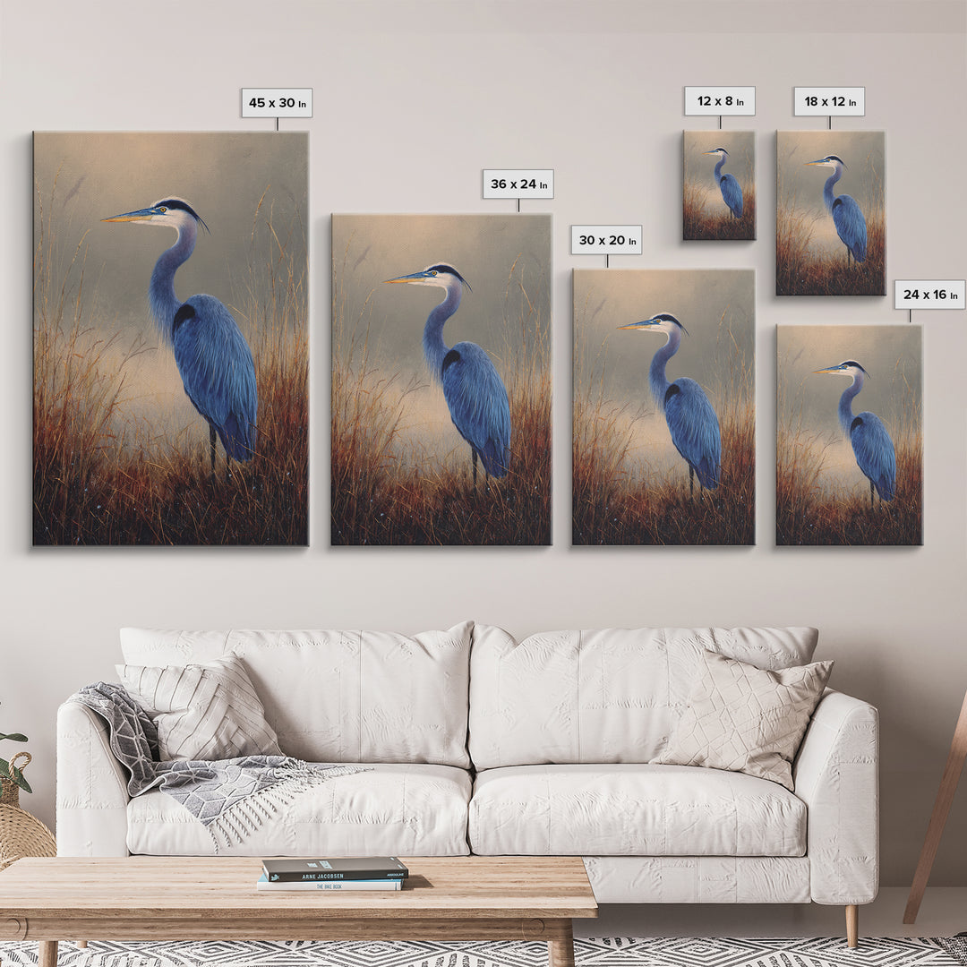 Blue Heron Standing Framed Canvas Print, Animal Art, Contemporary Art, Living Room Decor, Fine Art, Creature, Digital Wall Art, ANI-2x3-43