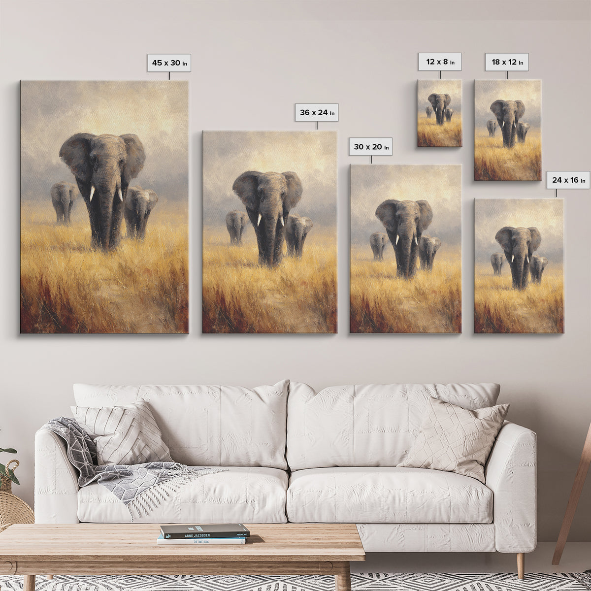 Elephant Family Walking Through Dusty Golden Light Canvas Print, Animal Art, Textured Painting, Living Room Decor, Creature, ANI-2x3-46