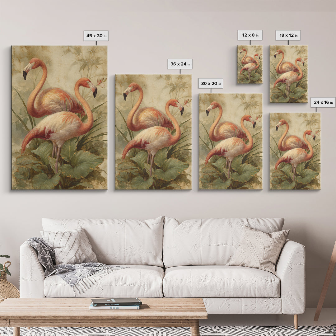 Flamingo Pair in Elegant Coral and Cream Framed Canvas Print, Animal Art, Room Decor, Living Room Decor, Oil Painting, Creature, ANI-2x3-51