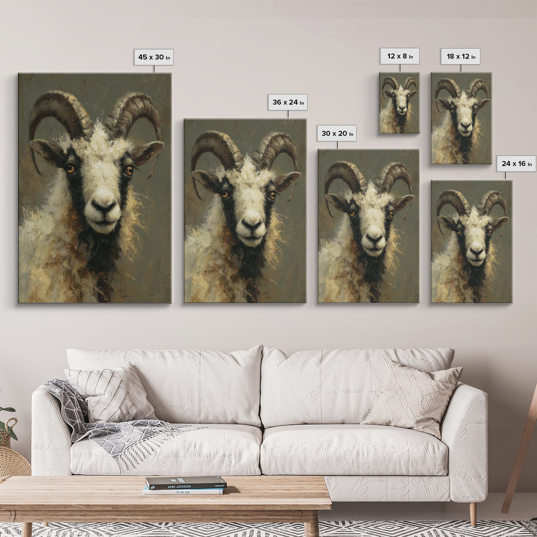 Goat Portrait with Rustic Folk Art Personality Framed Canvas Print, Animal Art, Digital Art, Living Room Decor, Oil Painting, ANI-2x3-53