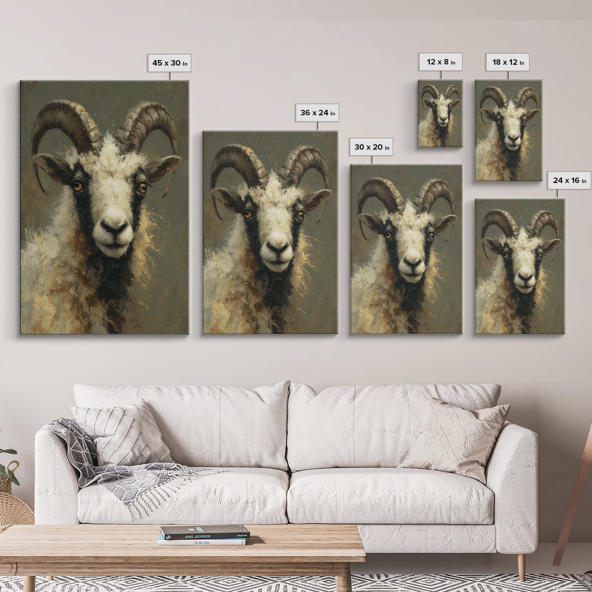 Goat Portrait with Rustic Folk Art Personality Framed Canvas Print, Animal Art, Digital Art, Living Room Decor, Oil Painting, ANI-2x3-53