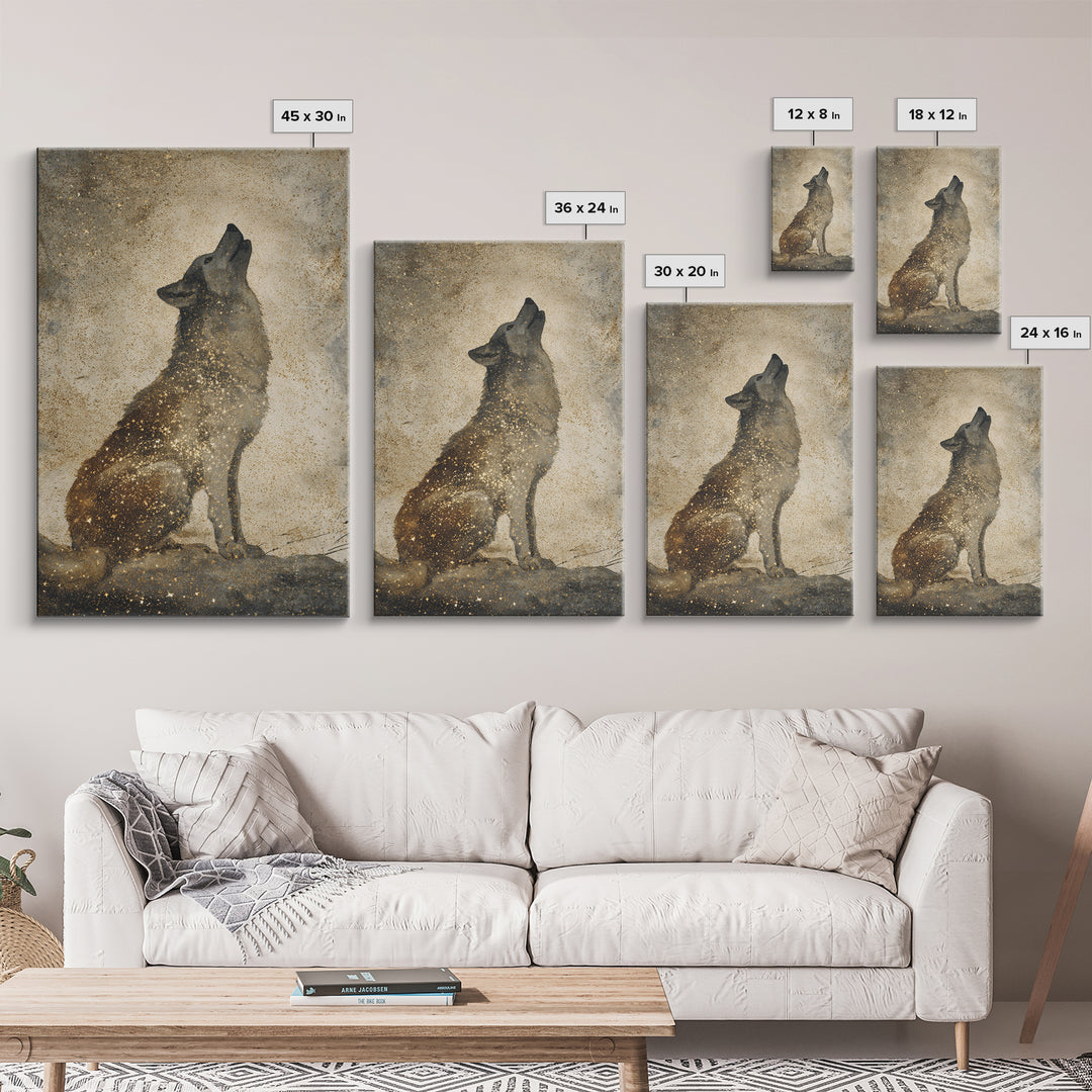 Wolf Silhouette Beneath a Star Filled Sky Canvas Print, Animal Art, Minimalist Decor, Living Room Decor, Fine Art, Creature, ANI-2x3-54