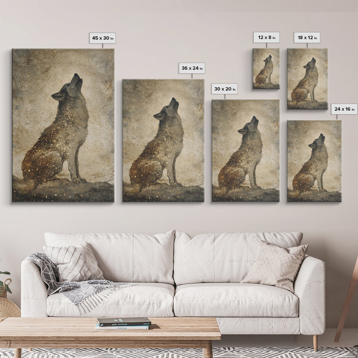 Wolf Silhouette Beneath a Star Filled Sky Canvas Print, Animal Art, Minimalist Decor, Living Room Decor, Fine Art, Creature, ANI-2x3-54