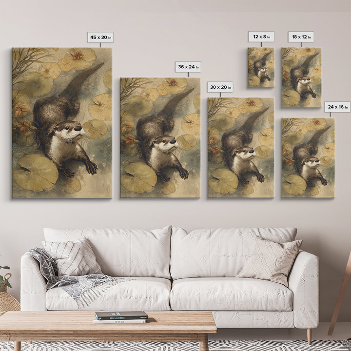 Playful Otter Floating Among Lily Pads Framed Canvas Print, Animal Art, Room Decor, Living Room Decor, Fine Art, Creature, ANI-2x3-64