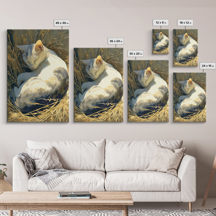 Sleeping Cat Curled Framed Canvas Print, Animal Art, Printable, Living Room Decor, Fine Art, Creature, Nursery, Boho Wall Art, ANI-2x3-68