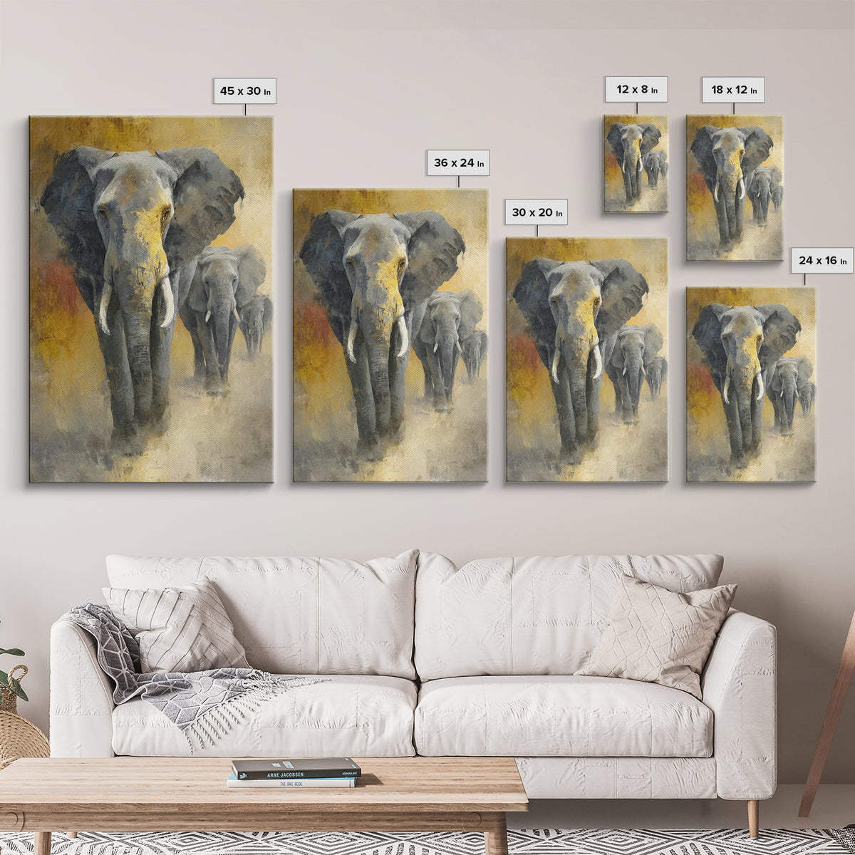 Elephant Family Walking Through Dusty Golden Light Canvas Print, Animal Art, Art, Living Room Decor, Fine Art, Creature, ANI-2x3-70