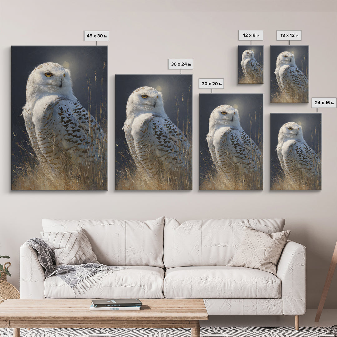 Owl with Moonlit Feathers and Celestial Accents Canvas Print, Animal Art, Print, Living Room Decor, Fine Art, Creature, ANI-2x3-71