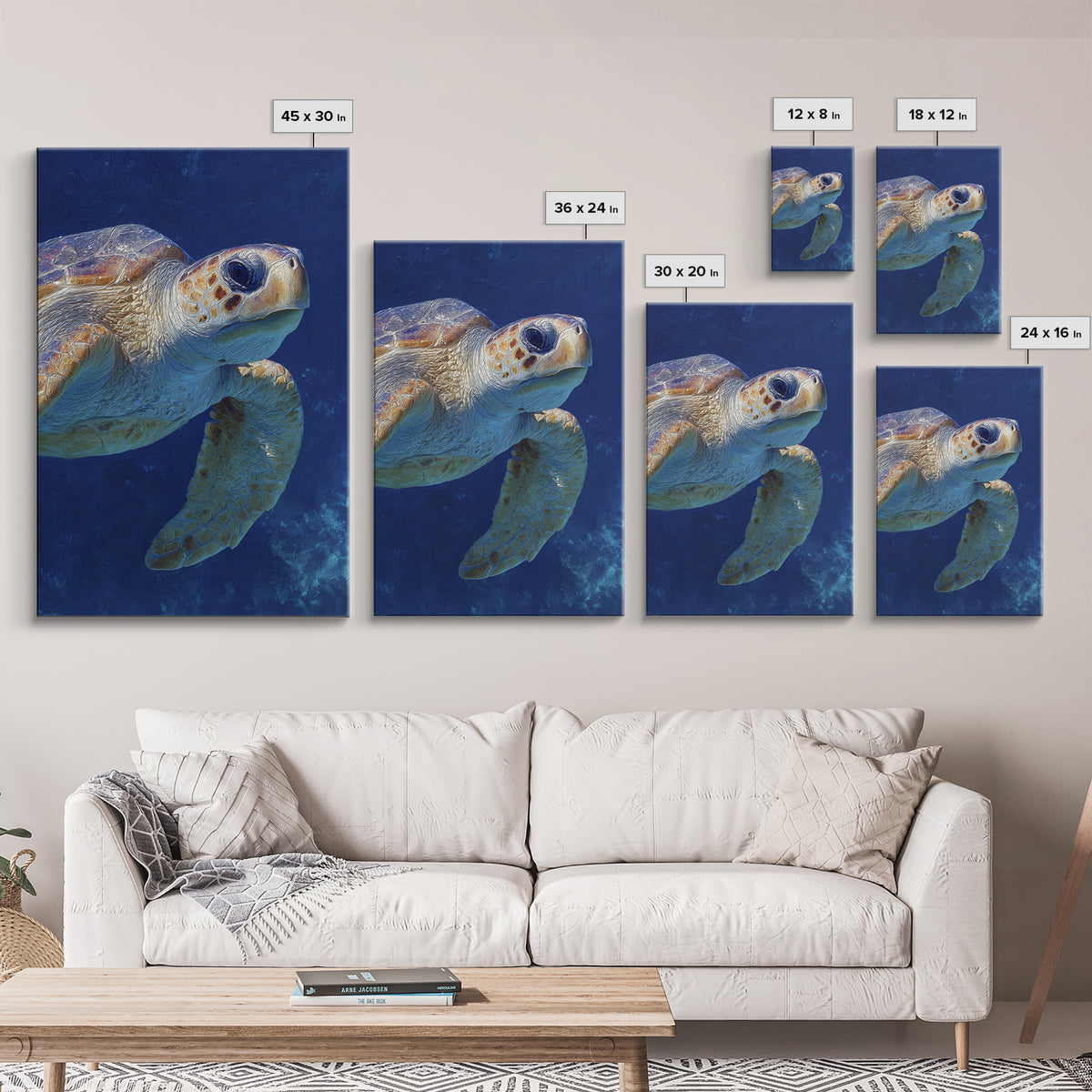Sea Turtle Drifting Through Luminous Blue Water Framed Canvas Print, Animal Art, Living Room Decor, Watercolor Art, Creature, ANI-2x3-74
