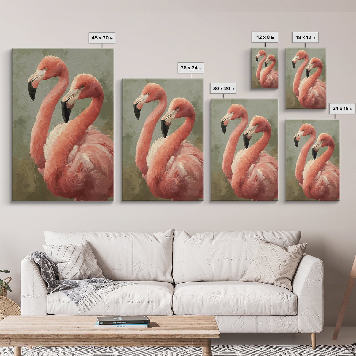 Flamingo Pair in Elegant Coral and Cream Framed Canvas Print, Animal Art, Digital Art, Living Room Decor, Fine Art, Creature, ANI-2x3-75