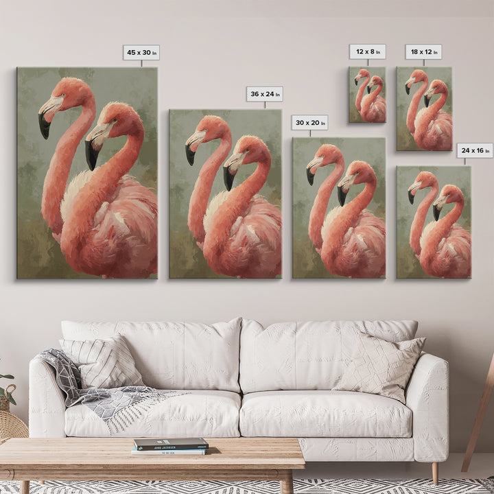 Flamingo Pair in Elegant Coral and Cream Framed Canvas Print, Animal Art, Digital Art, Living Room Decor, Fine Art, Creature, ANI-2x3-75